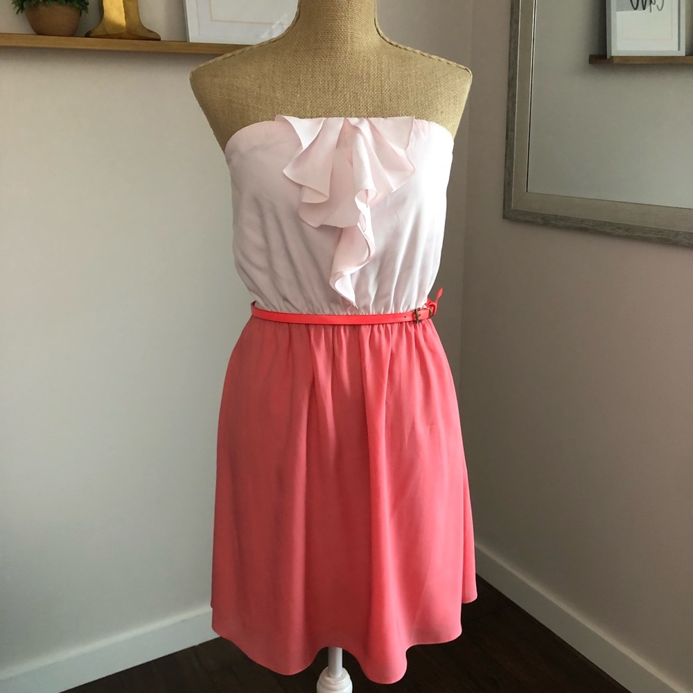 Pink & Coral Ruffle Trim Strapless Dress - Picture 6 of 13